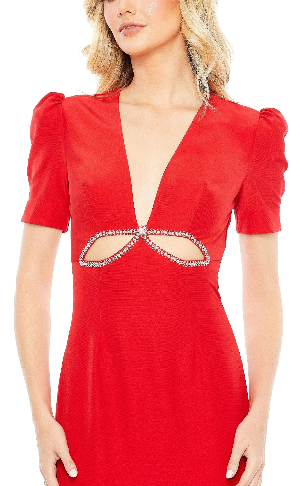 A woman wears the Mac Duggal 2630 short-sleeve long formal dress, featuring a red hue, deep V-neckline, and rhinestone-embellished cutout detail below the bust.